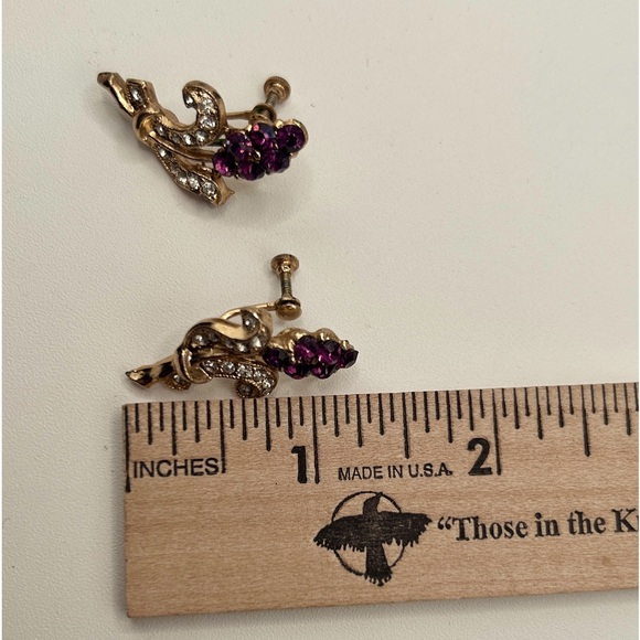 Vintage Flower Purple Petal Rhinestones and Gold Screw Back Earrings - Picture 6 of 9